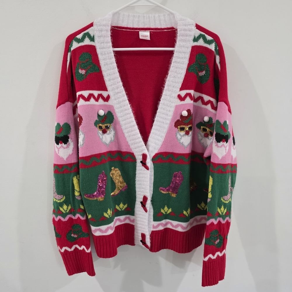 Holiday Time Womens Ugly Christmas Sweater Size XL Cowgirl Boots Western Pink